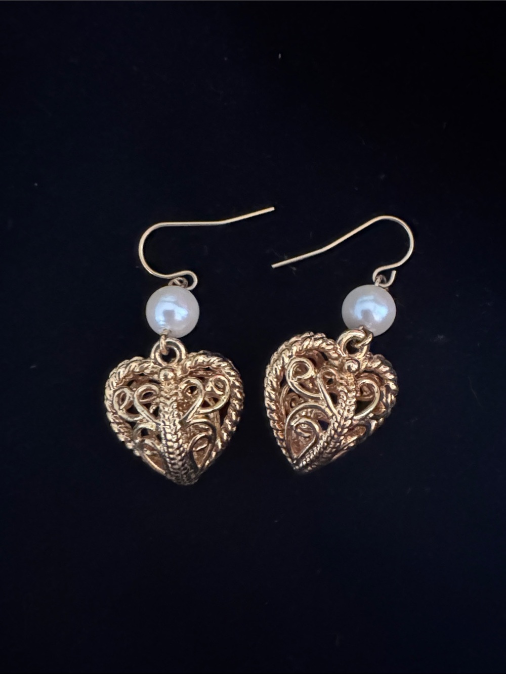 Gold Heart Filigree Drop Earrings with Pearl Accent